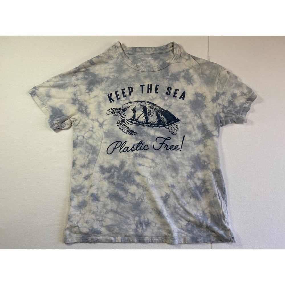 American Eagle Mens Medium Blue Tie Dye Keep The Sea Plastic Free Turtle T-Shirt